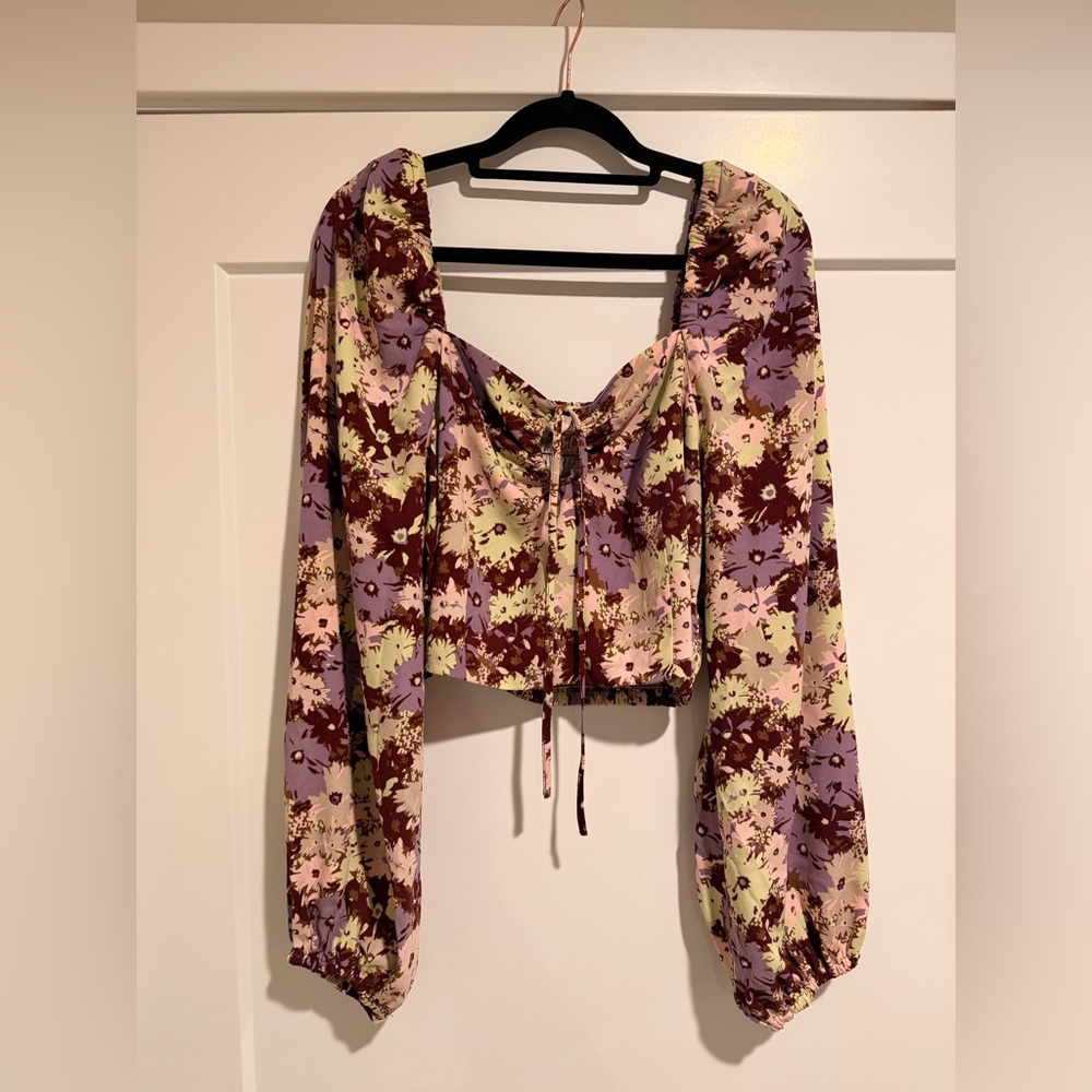 Open Edit Floral Crop Top Long Sleeve Smocked Back Size M